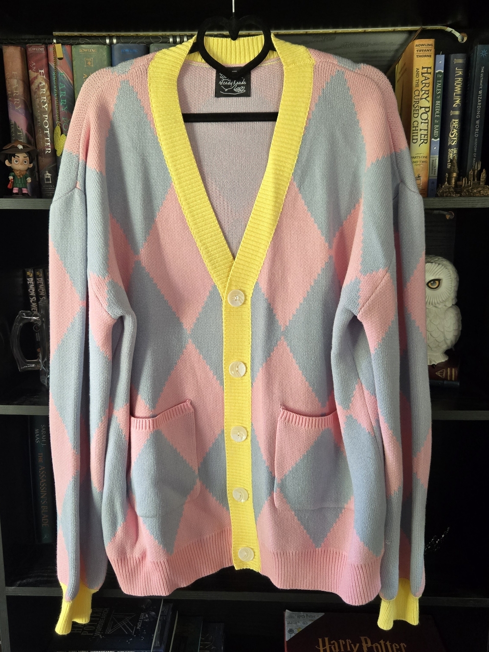 Steady Hands Pastel Argyle Cardigan with Yellow Trim